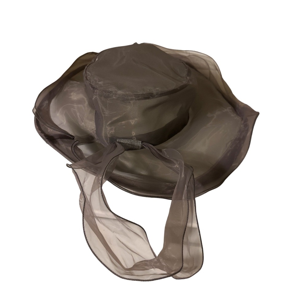 Gray Sheer Organza Wide Brim Ruffle Sun Hat Formal Wedding Church Derby Dress